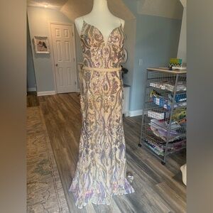 Elizabeth K by GLS Embellished Sequin Maxi Dress in Nude Gold and pastel colors